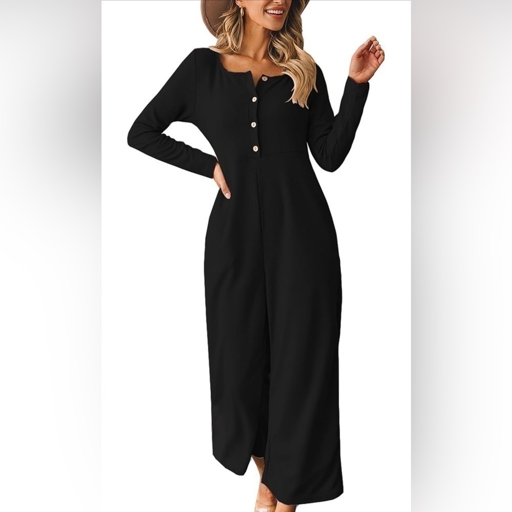 Happy Sailed Womens Long Sleeve Waffle Knit Jumpsuits Front Button
